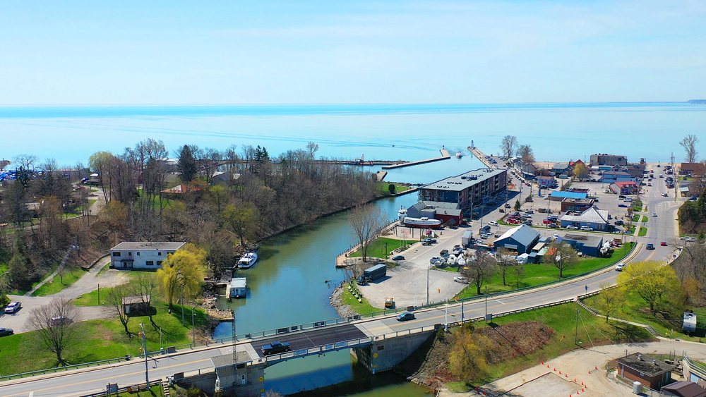 Port Dover harbour aerial view on Lake Erie