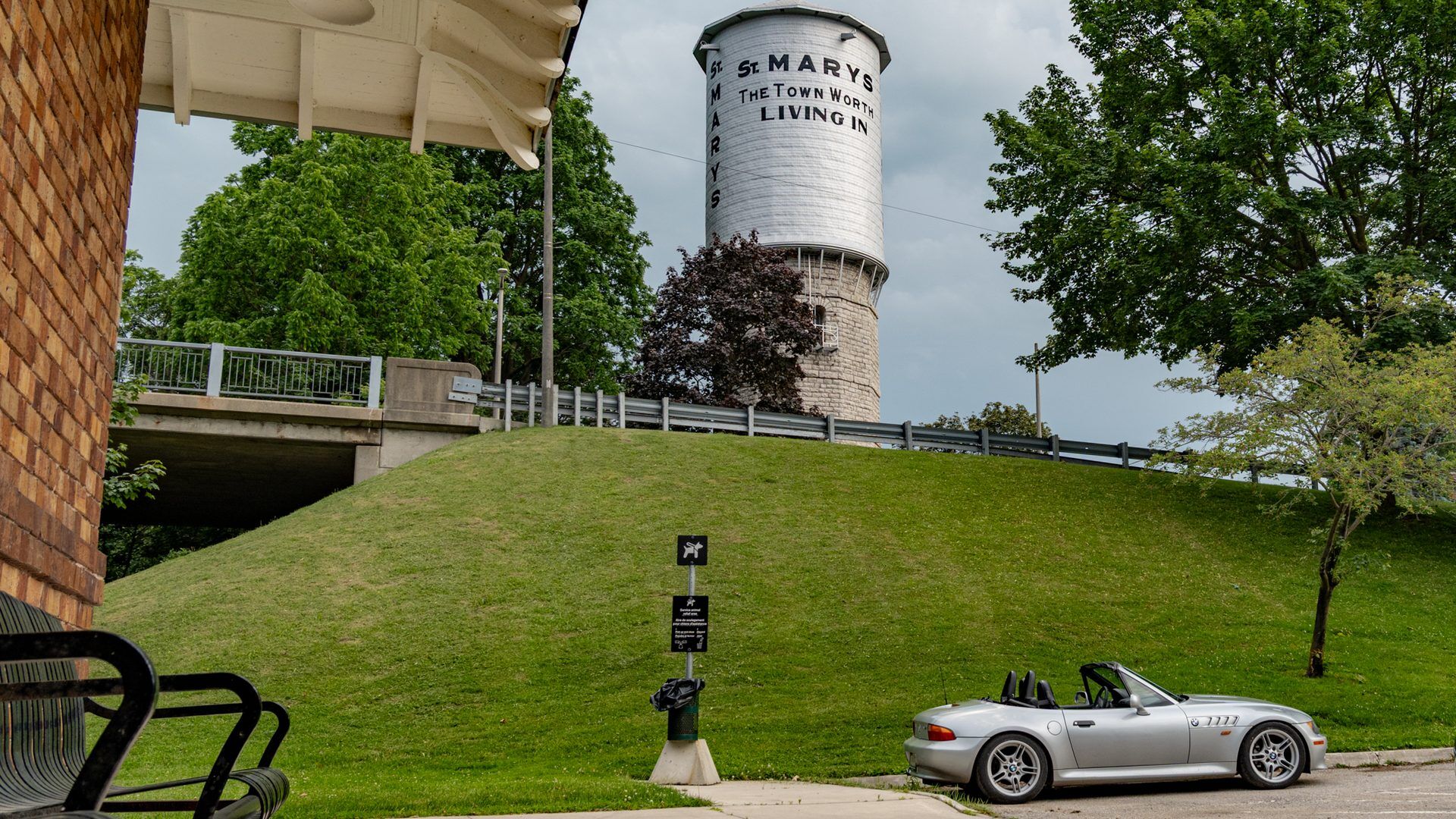 The Z3 parked beneath the historic St. Marys water tower